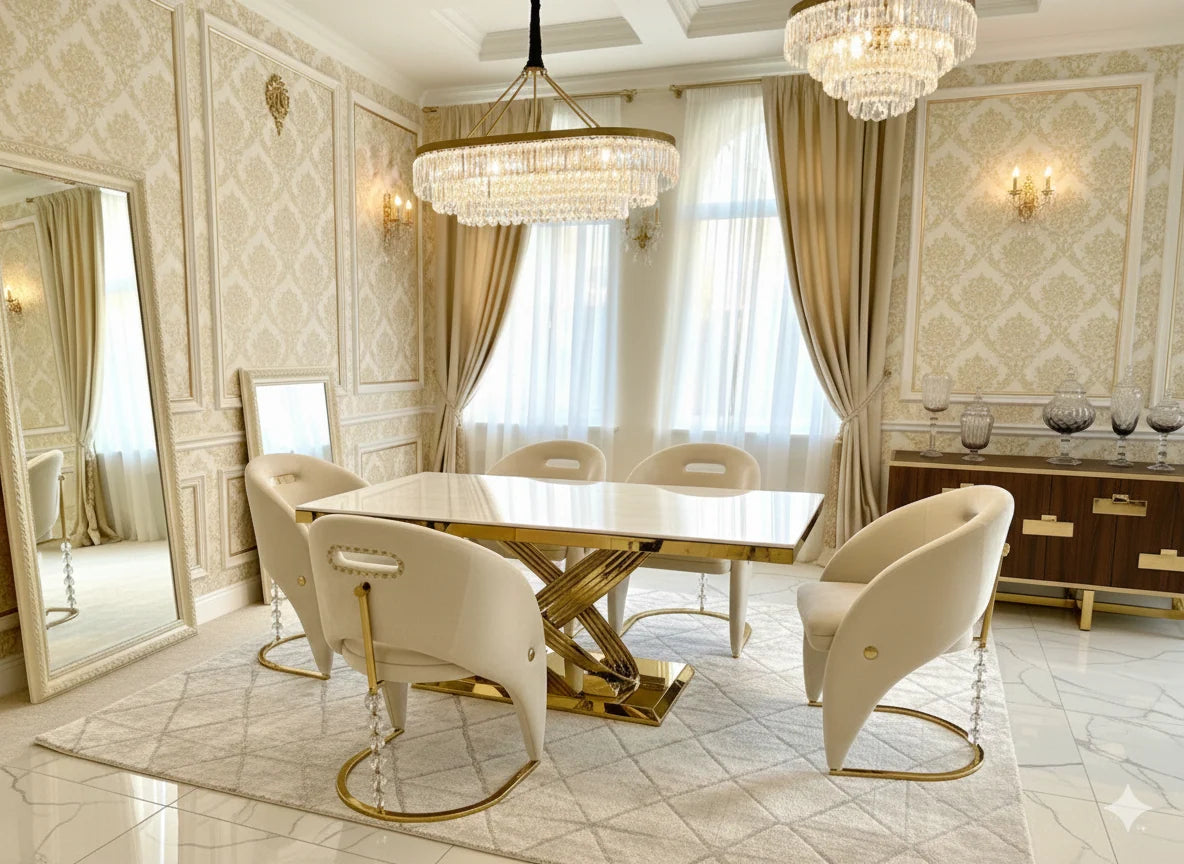 Elegant Elina gold marble dining table with upholstered Vegas chairs for a sophisticated modern dining room