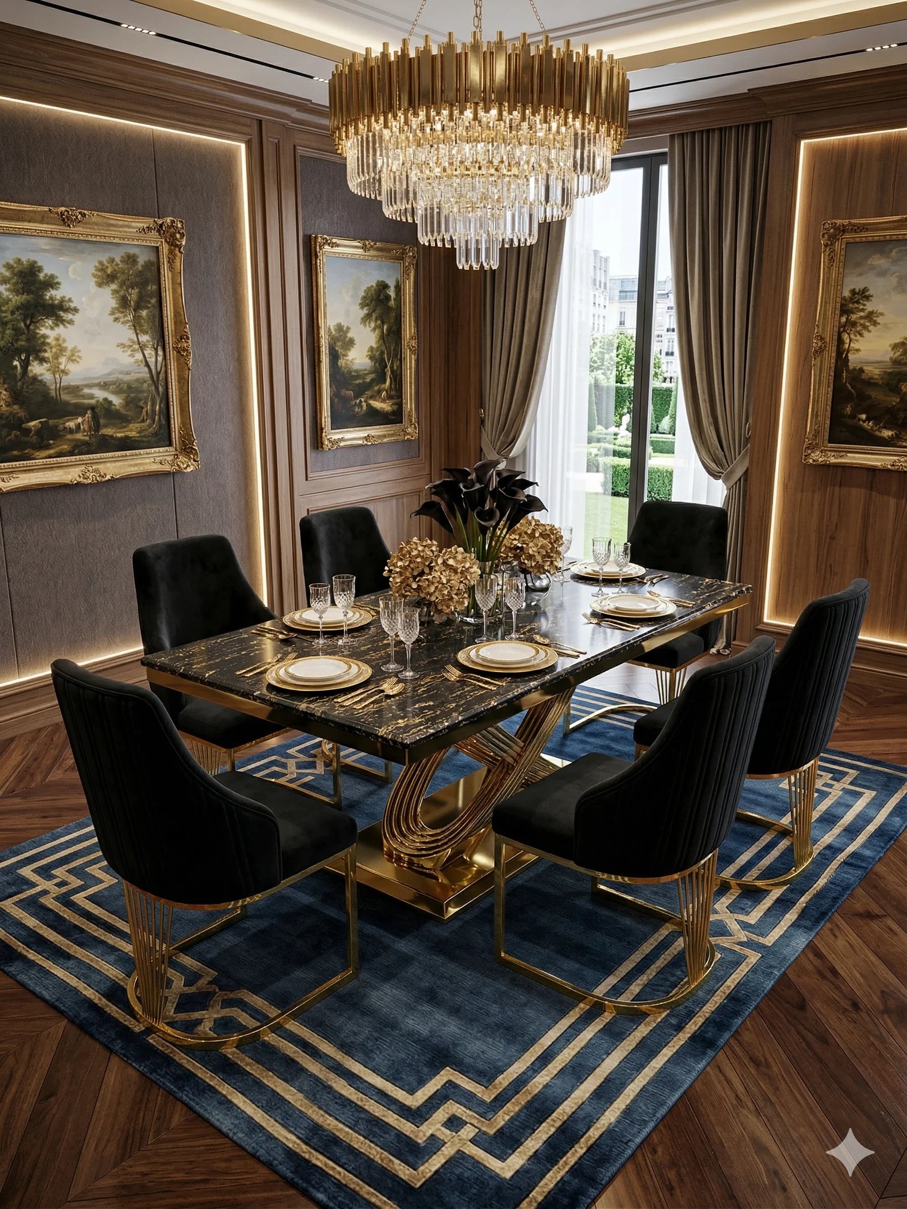 Elina gold marble dining table with refined Lasco seating, bringing high-quality materials and contemporary luxury to stylish Leeds dining rooms.