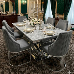 Elina 180cm grey marble dining table with Lasco plush chairs, luxury 4 to 6 seater dining furniture for UK homes