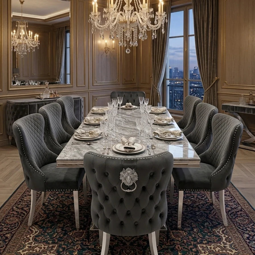 Elina grey marble dining table set with Valentino lion knocker chairs for luxury UK dining rooms