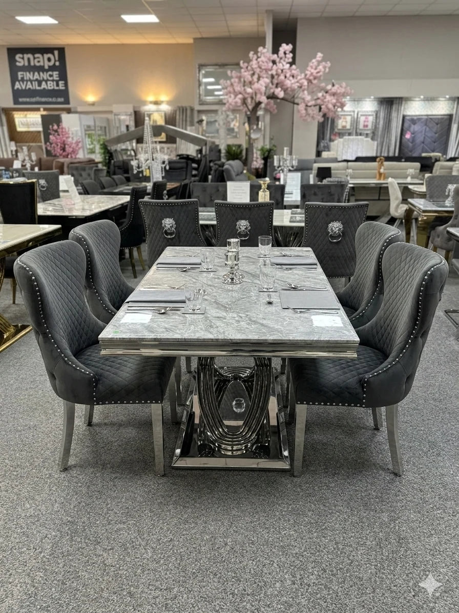 4 to 6 seater Elina grey marble dining table for sophisticated homes in London and Surrey