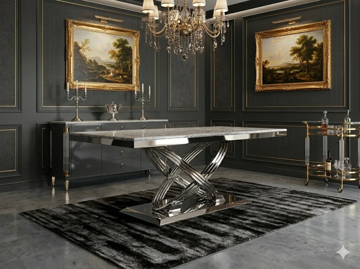 Elina grey marble dining table set styled in a dramatic dark luxury dining interior