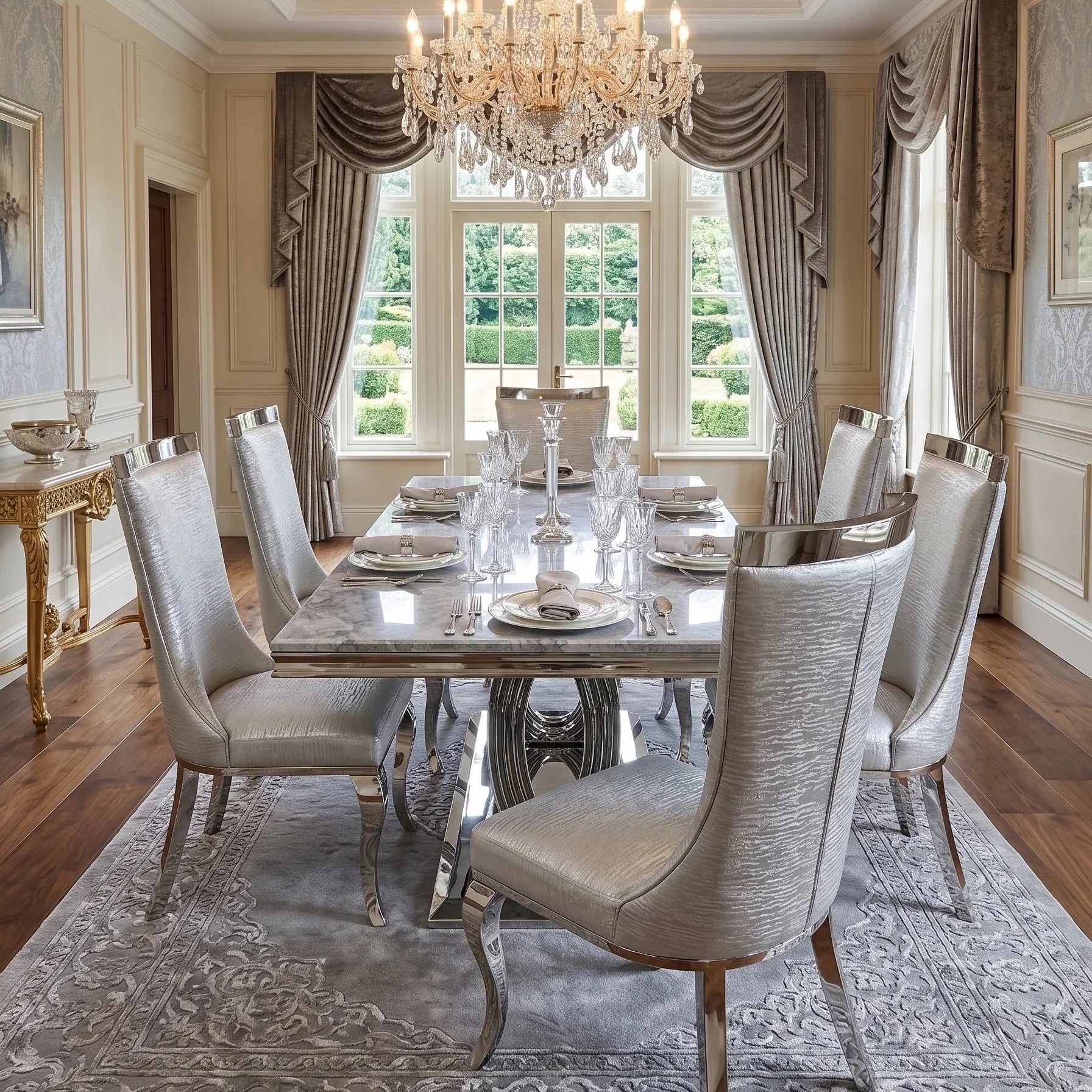 Elina grey marble dining table set with elegant grey dining chairs in a luxurious UK dining room