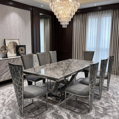 Elina grey marble dining table with Vienna Grey Chairs creating a luxurious dining set for modern UK homes