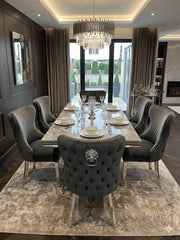 Luxury grey marble dining furniture with upholstered statement chairs for contemporary British interiors