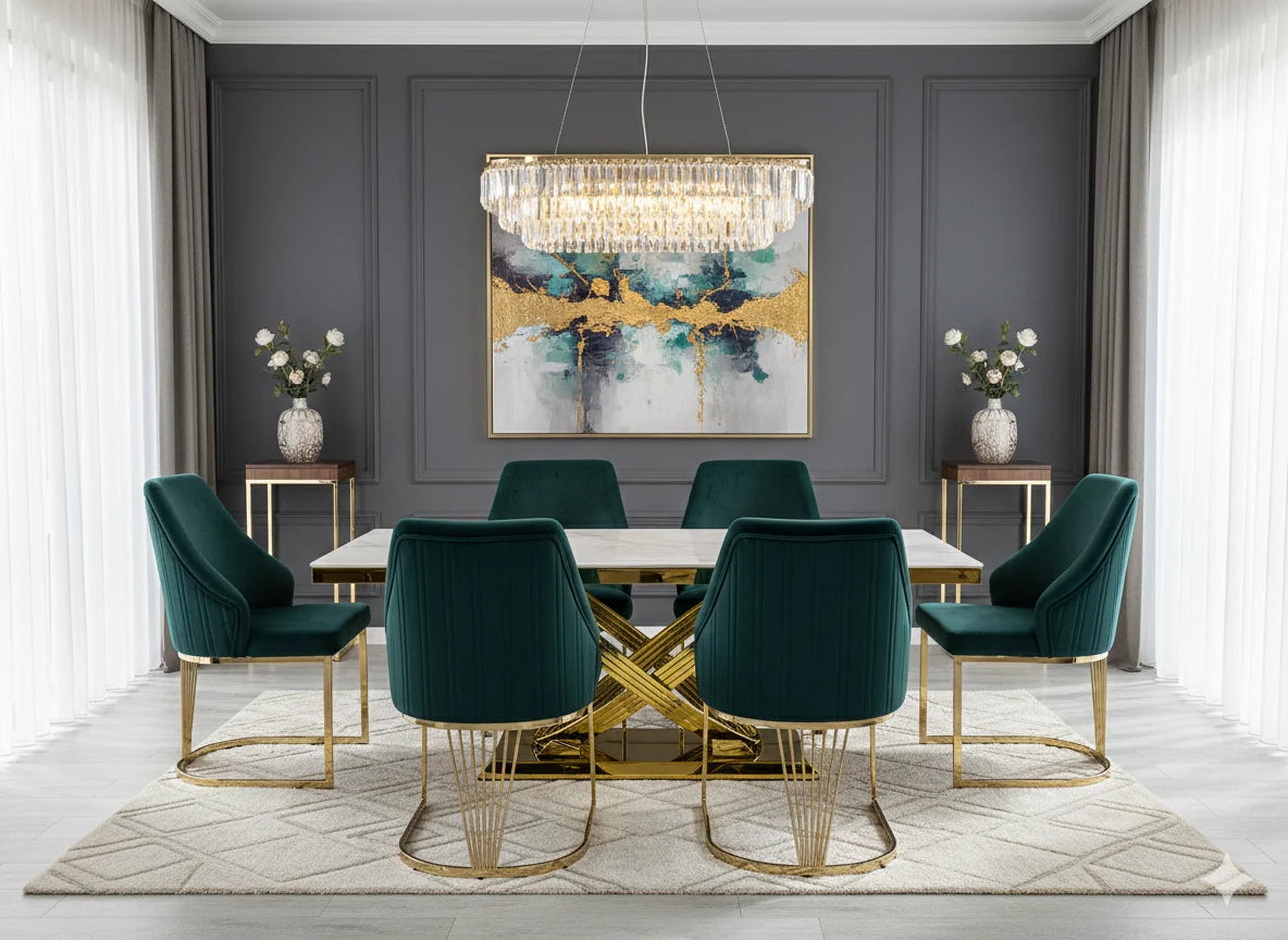 Luxury Elina marble dining furniture with polished gold geometric pedestal and Lasco chairs, designed for quality-conscious Manchester homeowners seeking elegant contemporary interiors.