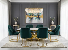 Luxury Elina marble dining furniture with polished gold geometric pedestal and Lasco chairs, designed for quality-conscious Manchester homeowners seeking elegant contemporary interiors.