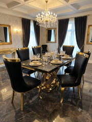 Luxury Elina marble dining table with upholstered Rocky chairs for sophisticated contemporary homes