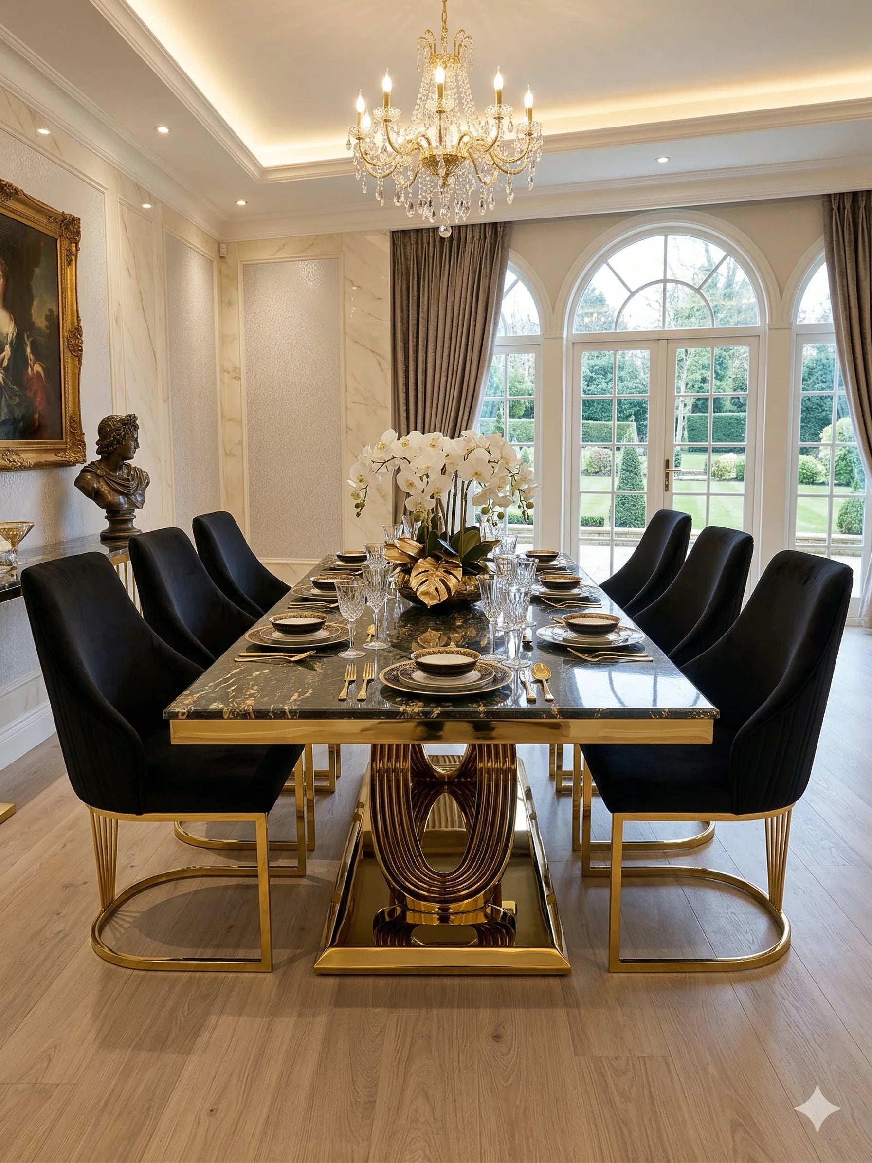 Elegant Elina gold marble dining table with Lasco Gold chairs, premium furniture for Cheshire dining rooms