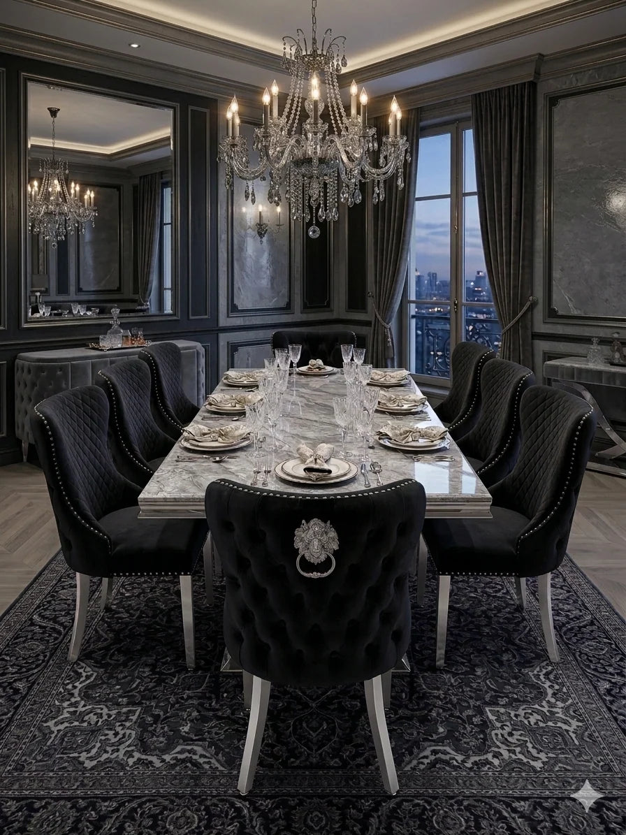 Elina marble dining table with plush Valentino lion back chairs for elegant family dining
