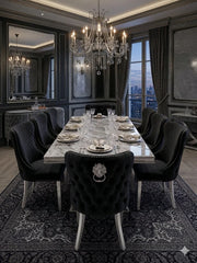 Elina marble dining table with plush Valentino lion back chairs for elegant family dining