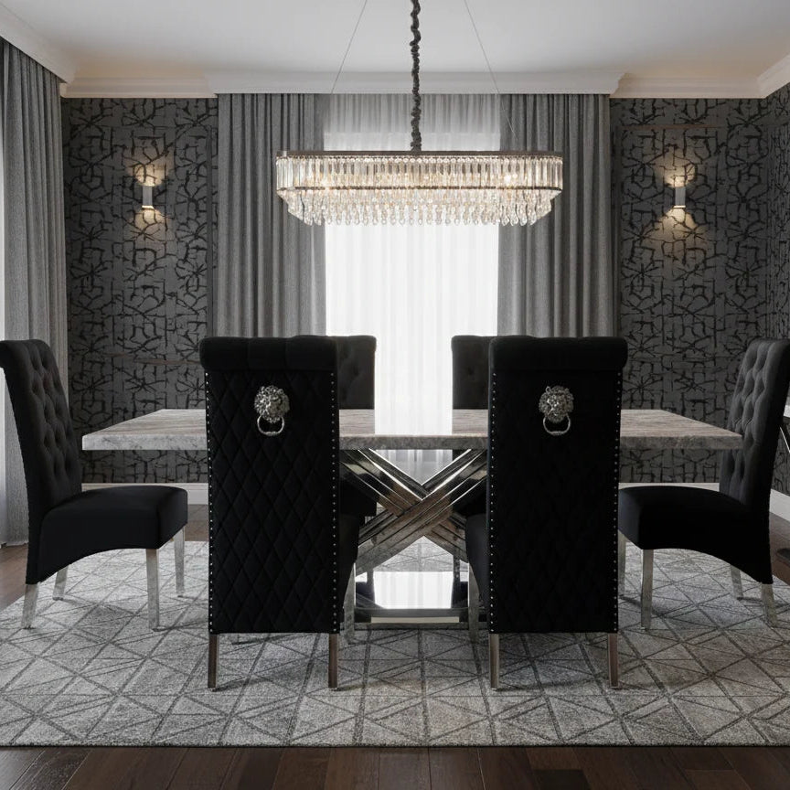 Elina 160cm polished grey marble tabletop WITH SOFIA CHAIRS creating a sophisticated centrepiece for a contemporary dining room