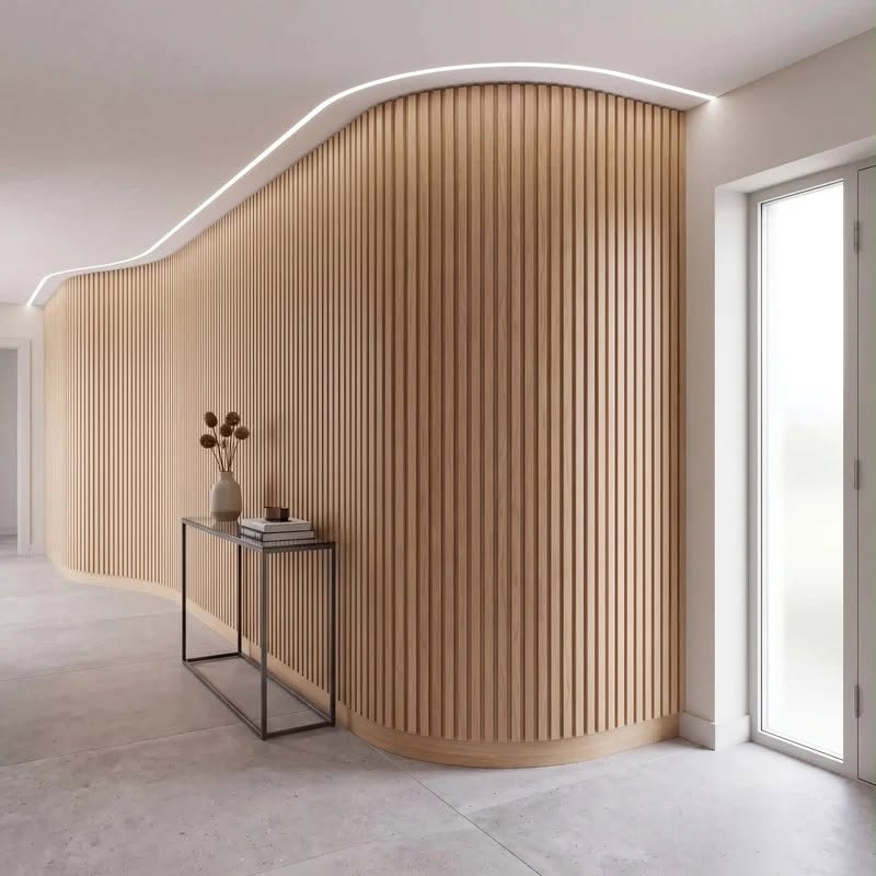 Flexible Oak Slat Wall Panels Installed on Curved Wall