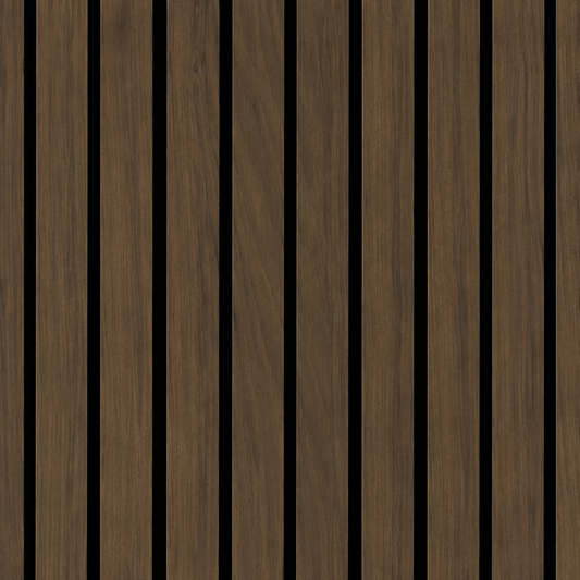 Front view of Walnut wide slat acoustic wall panelling