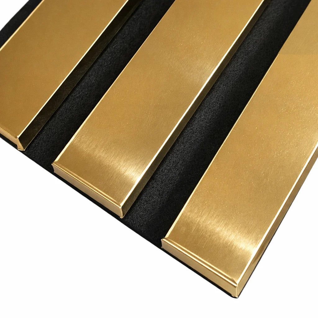 Close-up showing the three-sided colour-wrapped finish of a gold acoustic panel