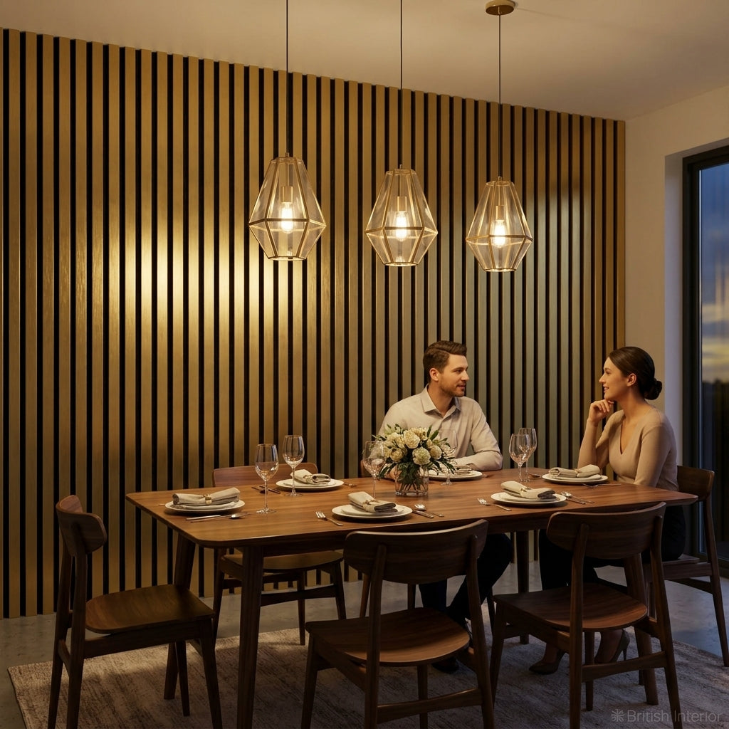 Gold acoustic slat panels used on a contemporary living room feature wall