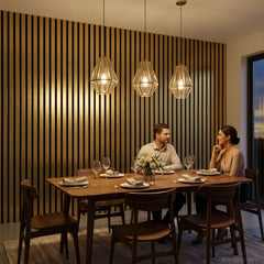 Gold acoustic slat panels used on a contemporary living room feature wall