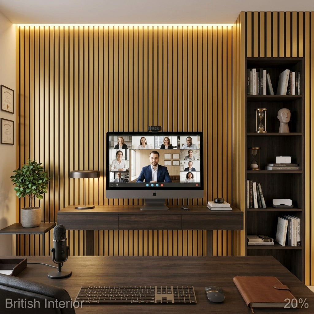Gold acoustic slat panels used as a decorative feature wall in a modern home office