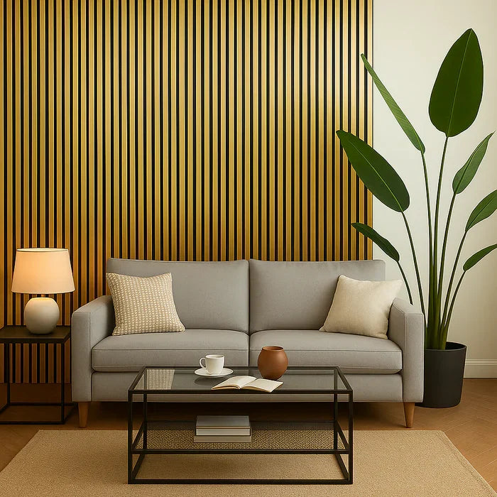 Gold acoustic slat wall panels for residential and commercial interiors