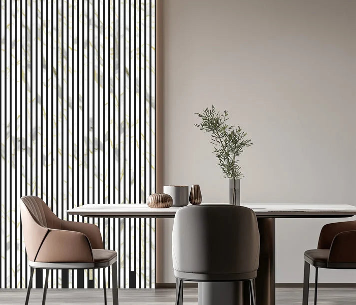Gold and white marble wall panel installed on feature wall