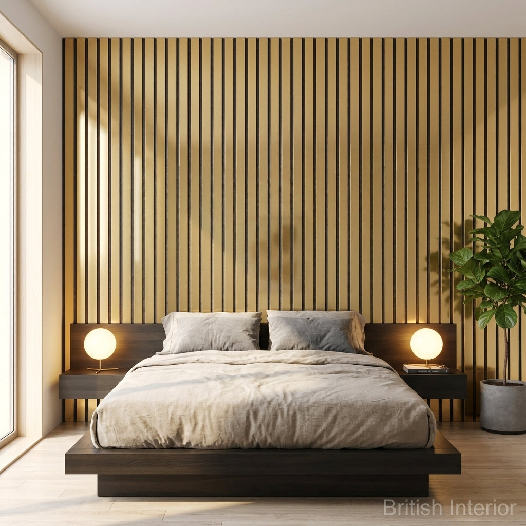 Gold WIDE slat acoustic wall panel with a textured finish and acoustic felt backing