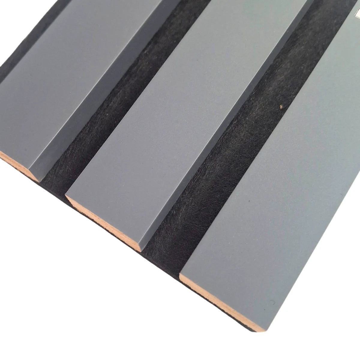 Close-up showing the three-sided colour-wrapped finish of a grey acoustic panel