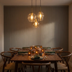 Grey acoustic slat panels used on a contemporary living room feature wall