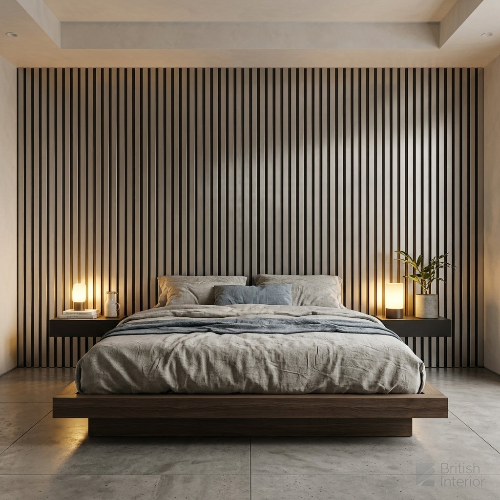 Grey acoustic slat panels creating a contemporary bedroom feature wall