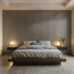 Grey acoustic slat panels creating a contemporary bedroom feature wall