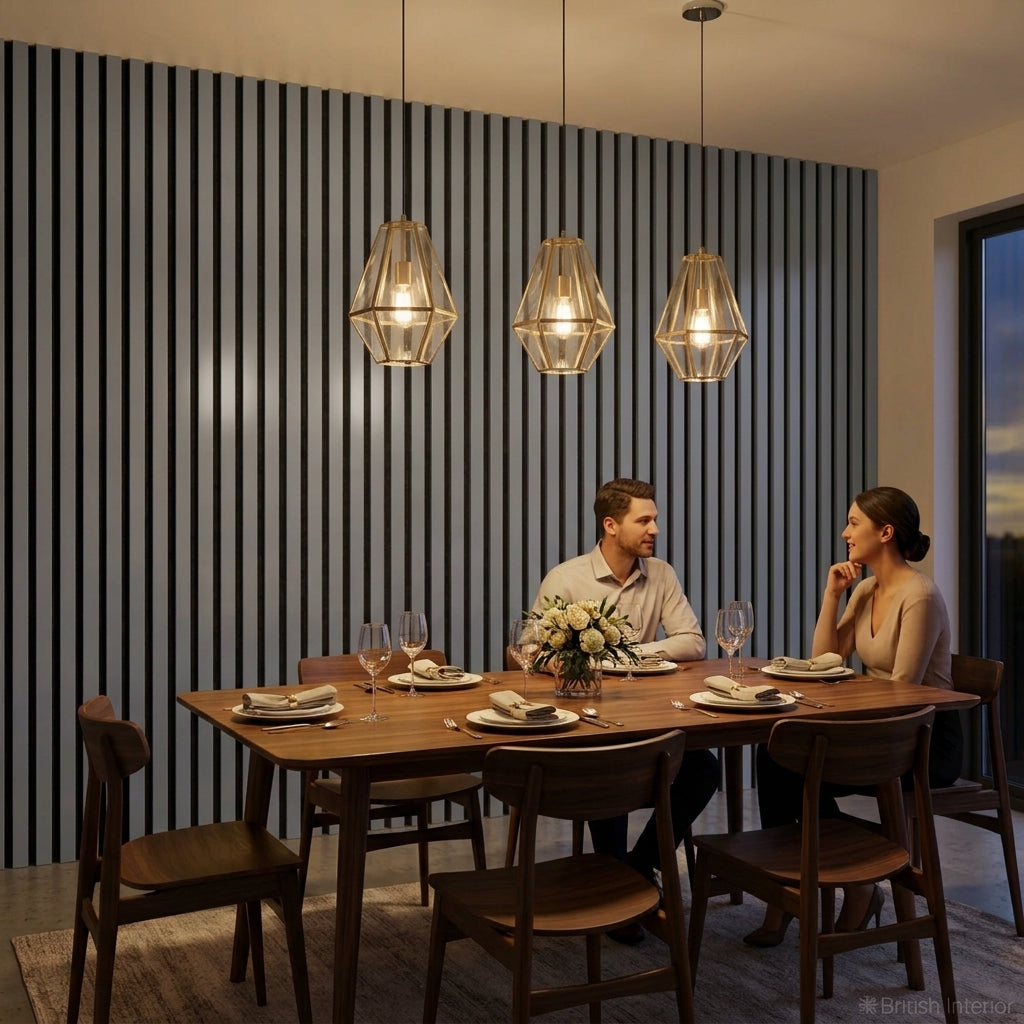 Grey acoustic slat wall panels incorporated into a contemporary interior