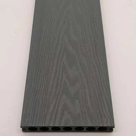Close-up of grey composite decking board texture