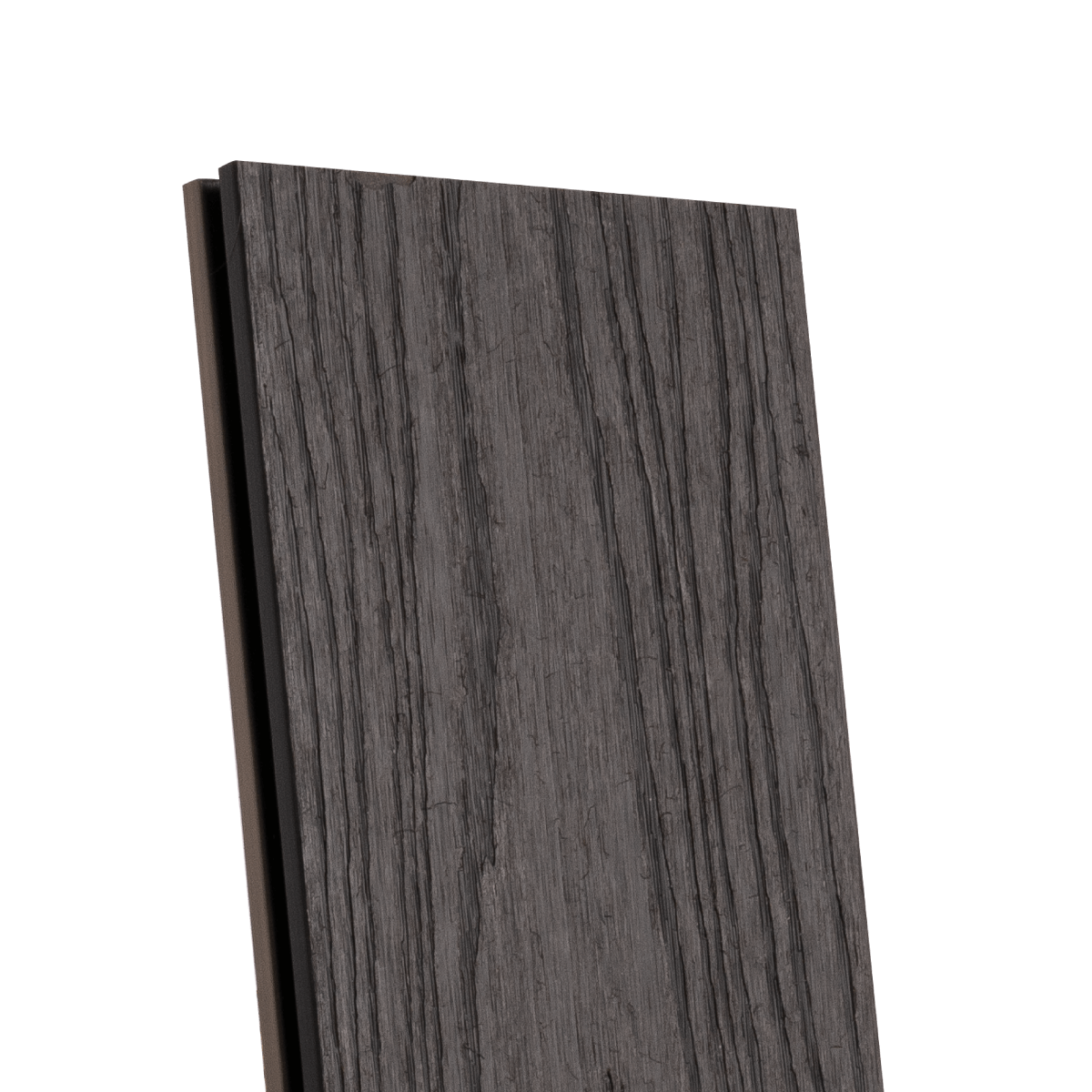 Grey composite decking boards with wood-effect finish