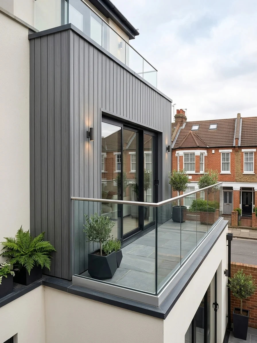 Grey composite exterior wall panels installed on a modern building
