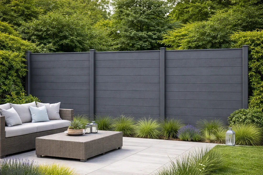 Grey composite garden fencing installed in a landscaped garden for privacy while seating outdoor