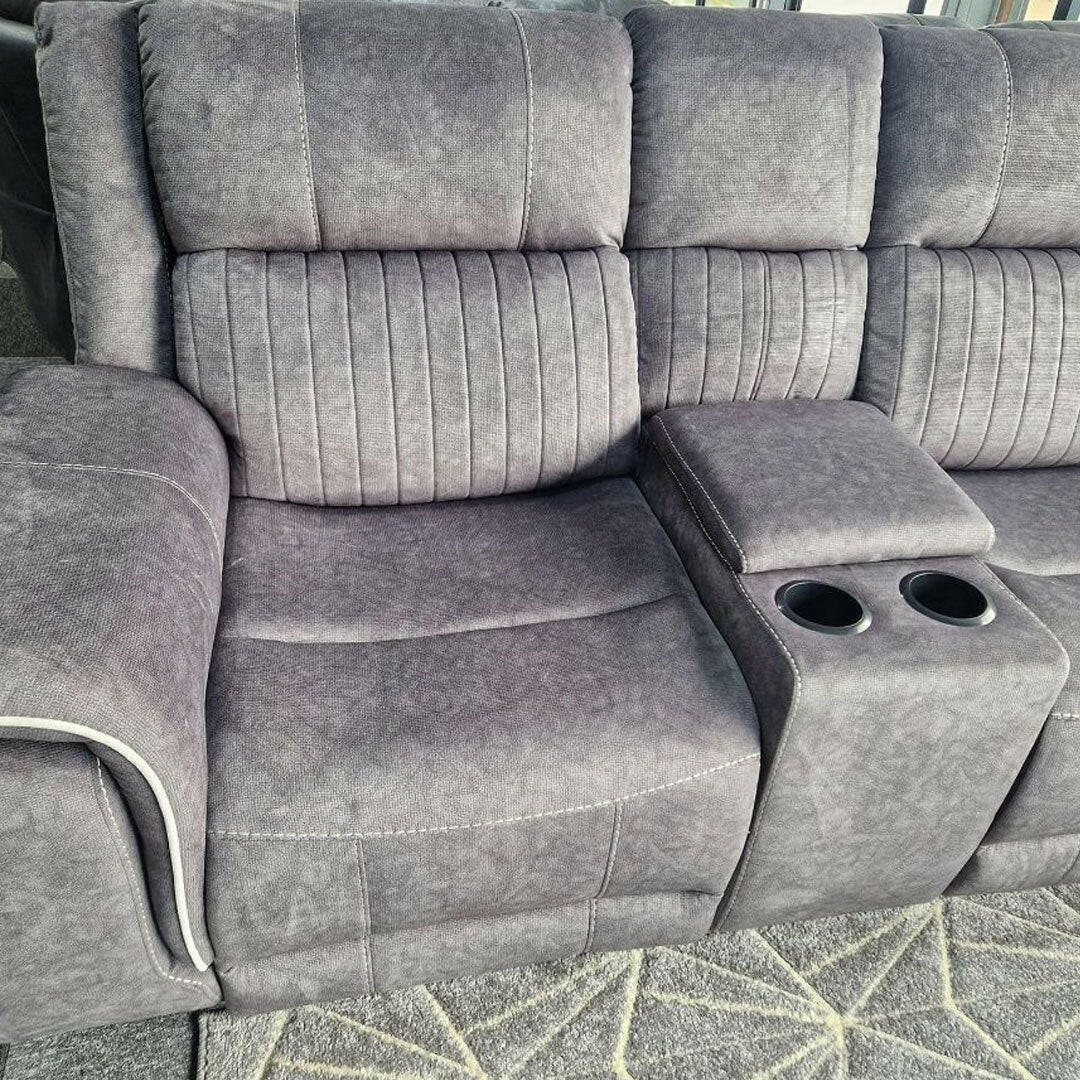 Grey fabric corner recliner sofa with cupholders