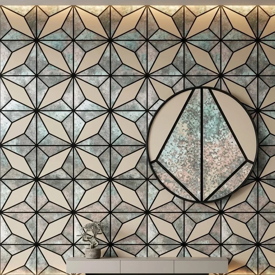 Grey glitter acoustic wall panelling with geometric pattern