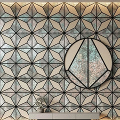 Grey glitter acoustic wall panelling with geometric pattern