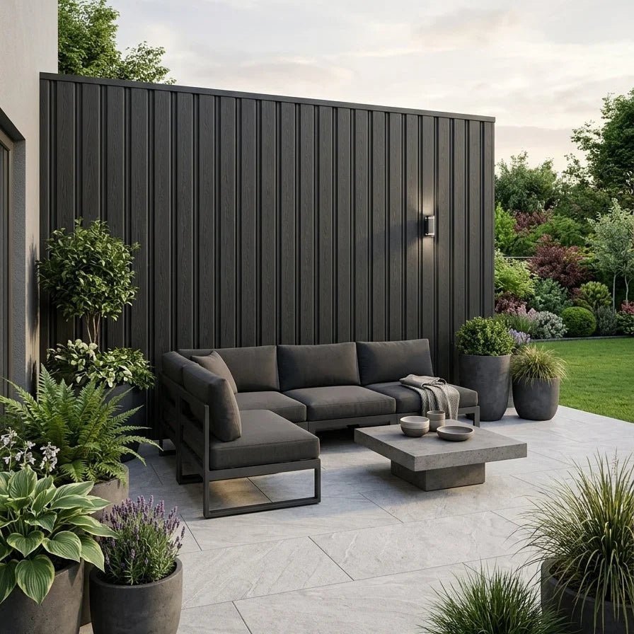 Grey interlocking composite wall cladding panels for UK exterior walls