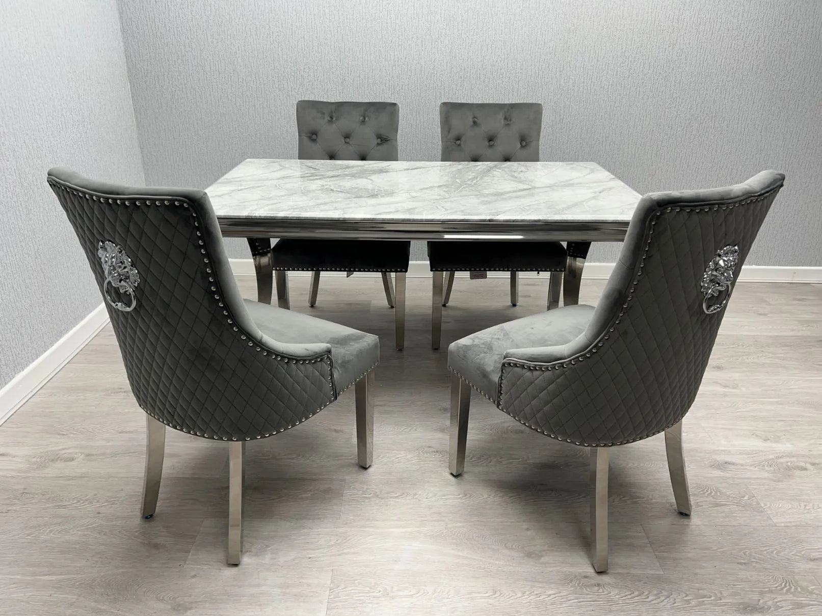 Sofia grey marble dining table available as a four seater dining set.