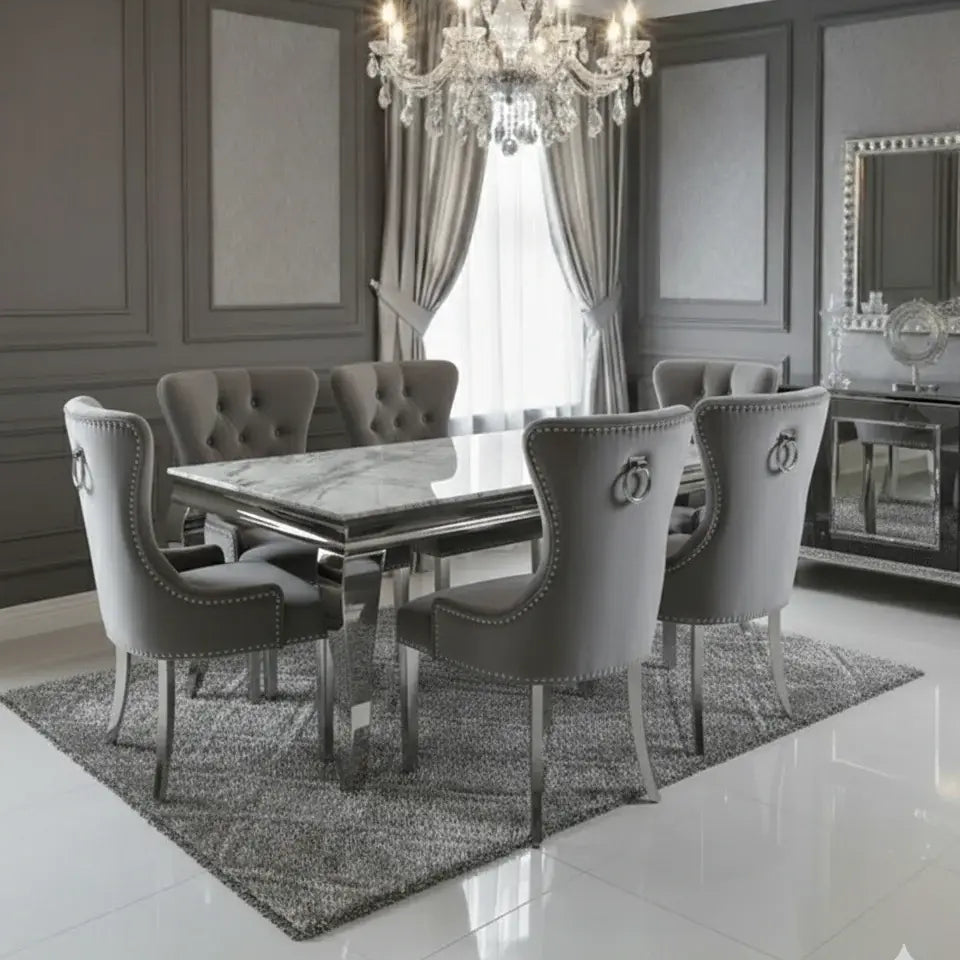 Spacious Sofia grey marble dining table with six Henley knocker dining chairs.