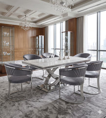 Luxury grey marble dining table and Porado Grey Chairs designed for stylish modern UK interiors