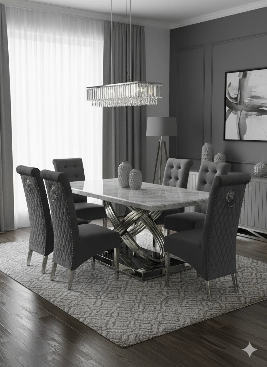 Grey marble tabletop complemented by Sofia Black Chairs and a polished chrome base for a striking modern look