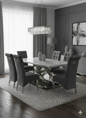 Grey marble tabletop complemented by Sofia Black Chairs and a polished chrome base for a striking modern look