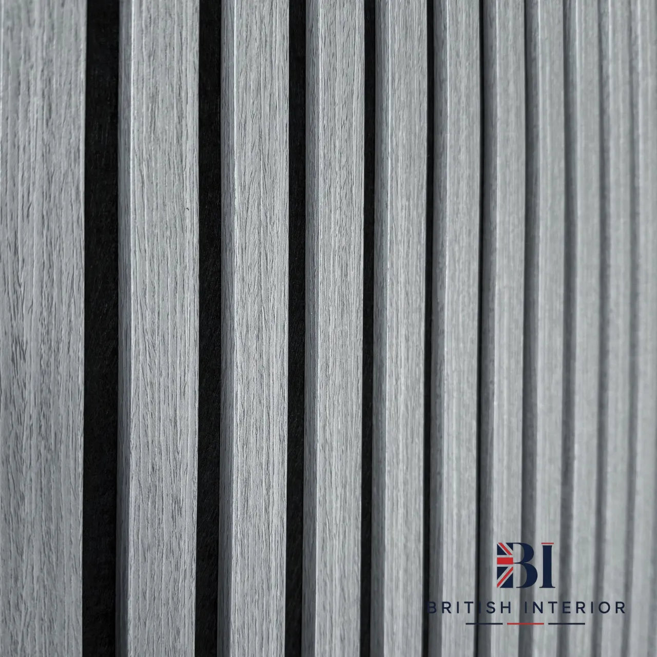 Close-up detail view of Grey Oak 3-sided acoustic wall panel with black felt backing