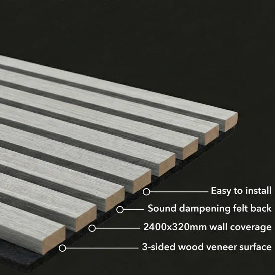 Grey Oak acoustic slatted wall panels UK