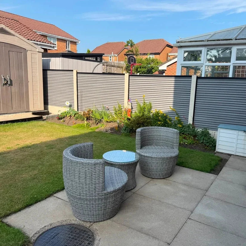 Grey Oak composite fence panels installed in a garden