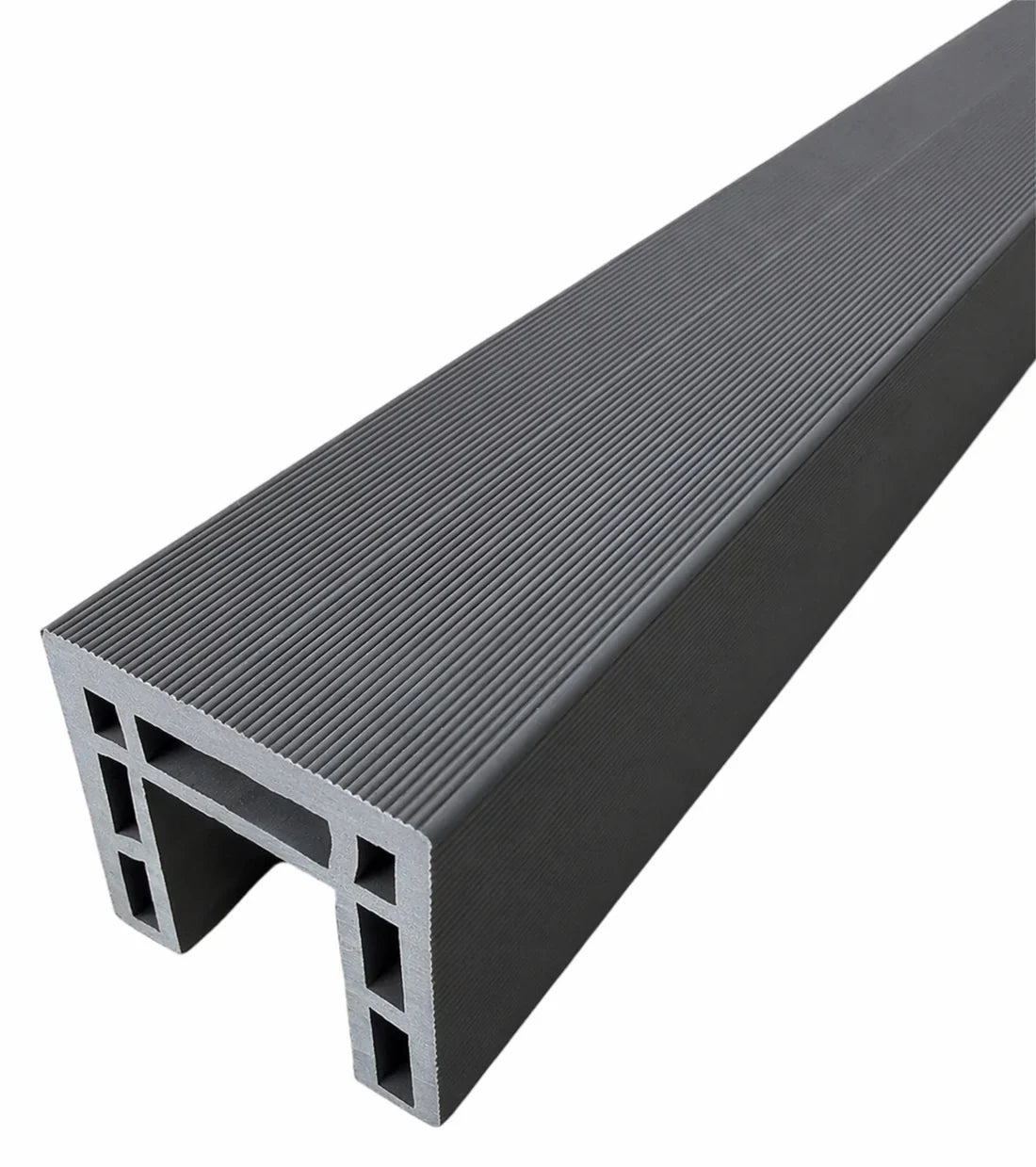 Close-up of grey oak composite fence trim