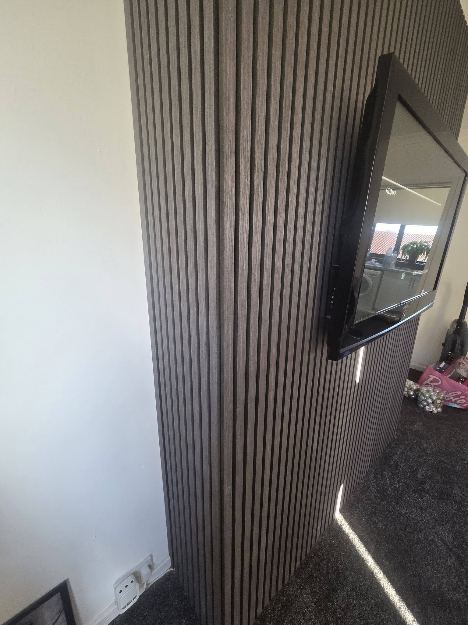 Grey Oak interior wall panelling with slatted finish
