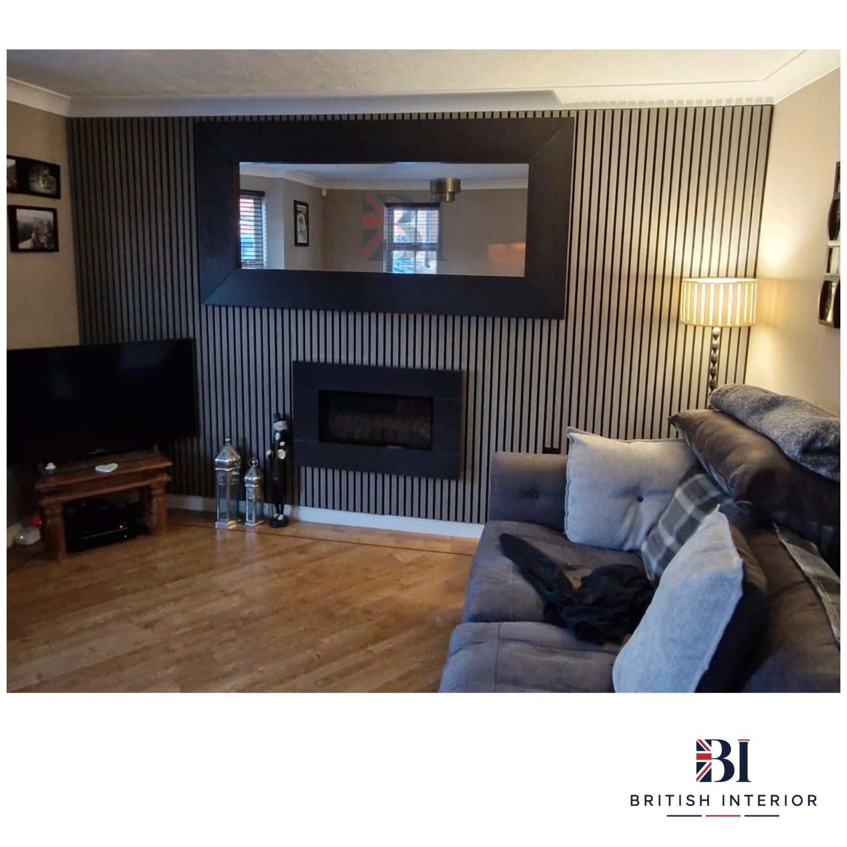 Grey oak slatted wall panels styled in a contemporary living room