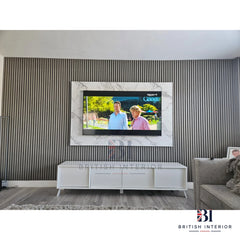 Grey oak vertical slat panelling creating a stylish TV media wall